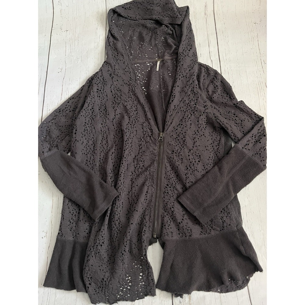 Free People Doily‎ Gray Eyelet Hooded Cardigan Sweater M